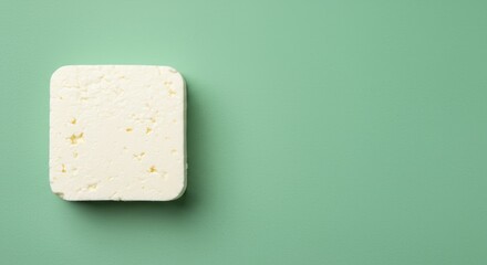 Fresh feta cheese block sits on a textured green background representing healthy mediterranean cuisine and organic dairy ingredients