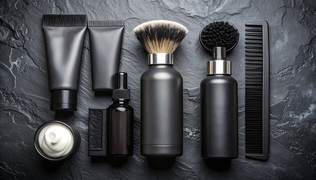 Black men's grooming products arranged on a dark grey textured stone surface including shaving brush comb and cream