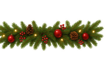 Festive holiday decoration featuring natural fir garland adorned with red baubles, pine cones, red berries, and glowing string lights on transparent backdrop