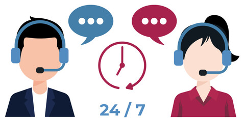 24/7 Customer Support Concept with Male and Female Call Center Agents – Flat Vector Illustration