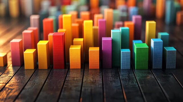 Colorful Data Visualization: Vibrant blocks of varying heights, painted in an array of colors, stand atop a wooden surface, symbolizing data trends and information.