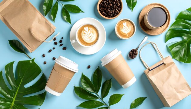 Coffee accessories arrangement on light blue background including cups beans leaves and paper bags