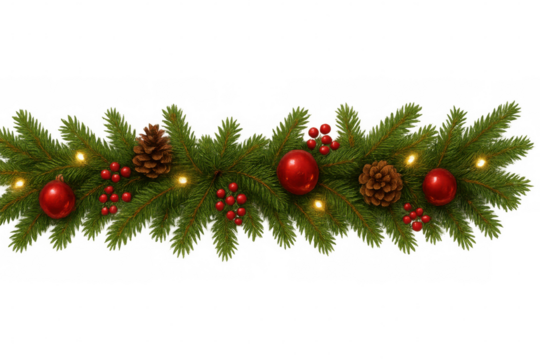 Festive holiday decoration featuring natural fir garland adorned with red baubles, pine cones, red berries, and glowing string lights on transparent backdrop
