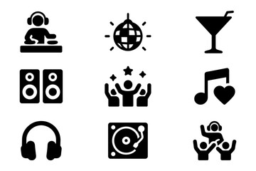 Music and party icons set: dj, dance, and celebration symbols in silhouette style