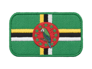 Embroidered Dominica flag patch displays vibrant colors and island symbolism, transparent background