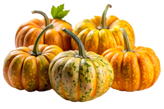 A diverse group of five pumpkins, including spotted and striped varieties, arranged on a transparent background for autumn decoration
