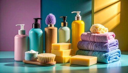 Colorful baby care products composition with soap bottles towels and bath accessories on a color block background