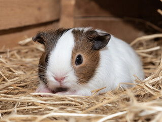 Guinea pig on straw with fur, whiskers, and soft ears in a cage, pet adorable