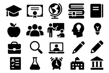 Educational icons set featuring graduation cap, books, and school symbols in bold black silhouette style