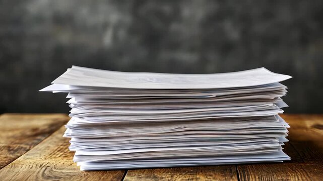 Pile of Paperwork: A neat stack of blank sheets rests on a wooden surface, creating a visually appealing composition against a soft focus backdrop. 