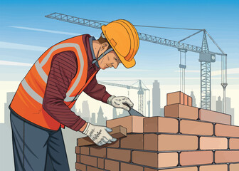 Construction worker building brick wall with trowel at construction site vector illustration