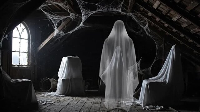 A shadowy attic cobwebladen holds furniture shrouded in white sheets alongside a ghostly figure illuminated by a windows eerie light