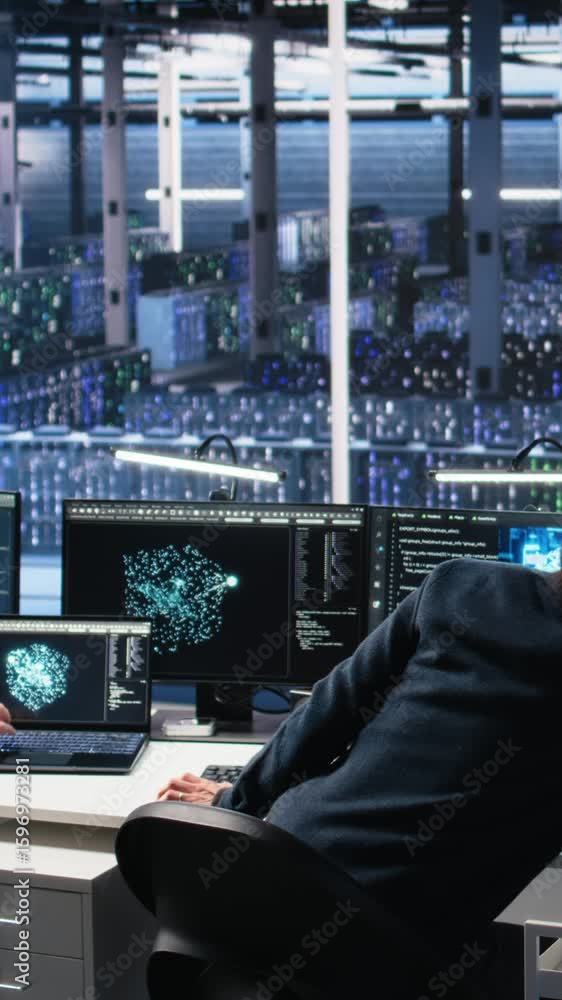 Poster vertical video server room system administrators using ai to review infrastructure diagnostics. it p