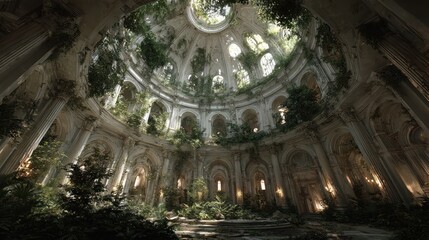 Obraz premium Botanical Conquest: Abandoned Dome Cathedral Reclaimed by Lush Verdure