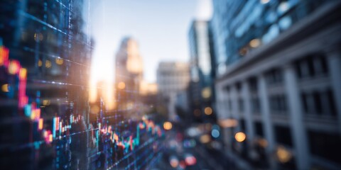 Financial market analysis display showing stock market fluctuations against an urban background highlighting economic trends in the city