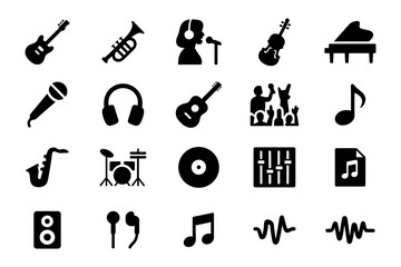 Fototapeta premium Music icons set with instruments and audio symbols in black silhouette