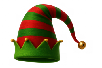 Festive striped elf hat featuring golden jingling bell, symbolizing holiday merriment against transparent backdrop