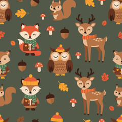 Obraz premium A seamless pattern showcases a collection of adorable woodland creatures including foxes, owls, squirrels, and deer amidst acorns, mushrooms, and autumn leaves, creating a whimsical design.