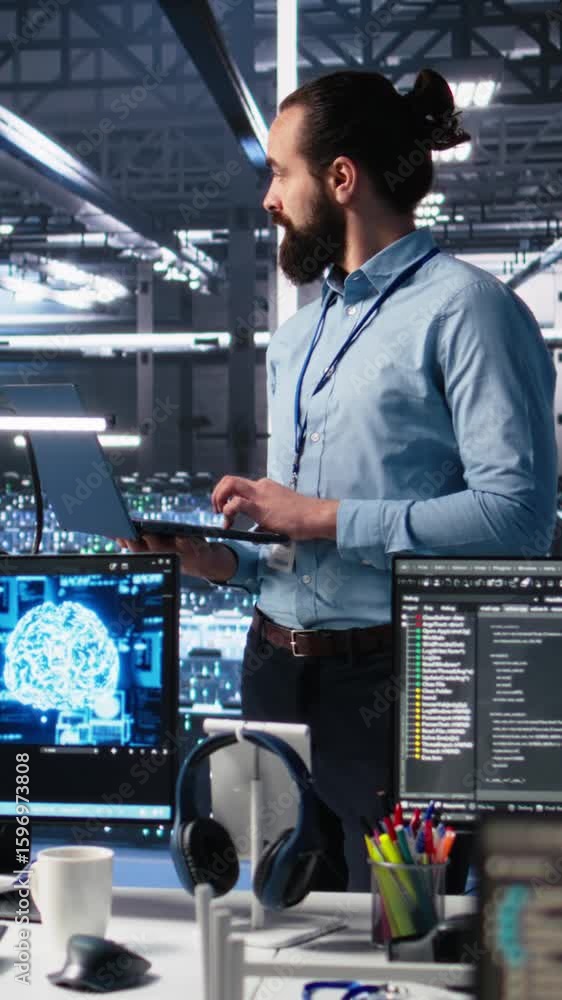 Poster vertical video manager supervising work of server room engineer using ai to review infrastructure di