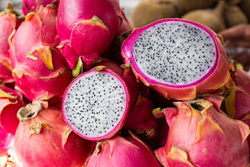 Pink dragon fruit in the market - Hylocereus undatus.