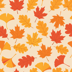 Fototapeta premium A vibrant seamless pattern showcasing a variety of colorful autumn leaves, including maple and ginkgo, in warm shades of orange, yellow, and red.