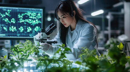 Asian woman scientist analyzing plant samples with microscope in modern lab environment