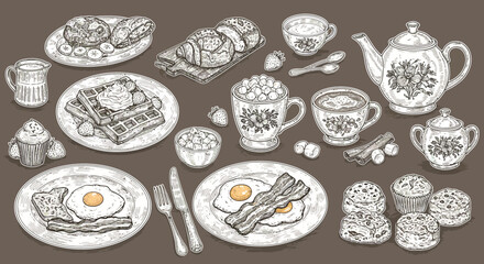 Detailed hand-drawn illustration of a delightful and varied breakfast feast arrangement