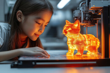 Young asian girl observing 3d printed cat model in a tech workshop with fascination, child and curiosity