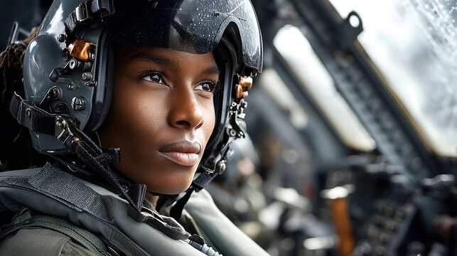 African woman pilot in cockpit wearing helmet focused on mission