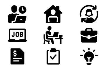 Business and remote work icons set: job search, online meetings, and productivity tools
