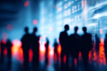 Blurred figures in front of data display showcasing a dynamic and abstract financial environment Implies market activity and information analysis