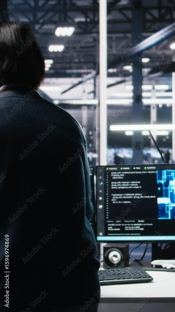 Poster vertical video technician arriving in data center office, coding with generative ai assistance. it e