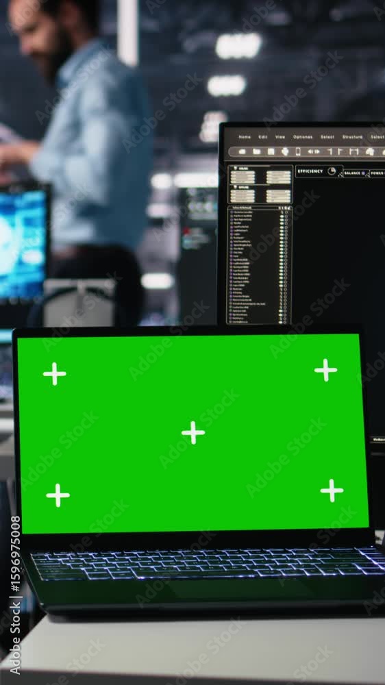 Poster vertical video data center engineer working on neural network software development on chroma key lap
