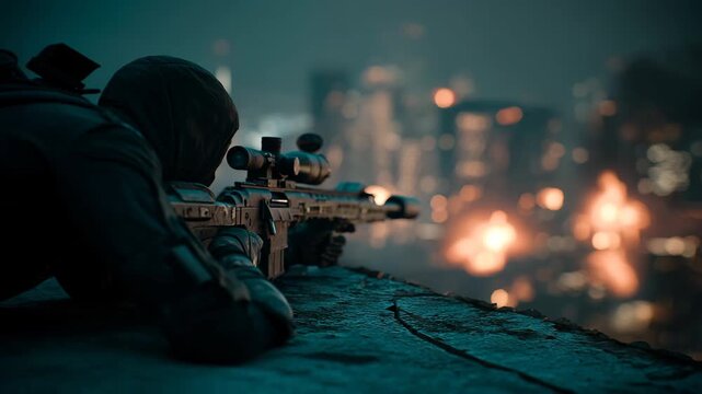 a masked sniper in a tactical vest lying prone on a cracked rooftop, aiming through a long rifle scope over a burning skyline