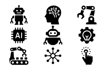 Robots and ai technology icons: innovation and automation concept in black and white