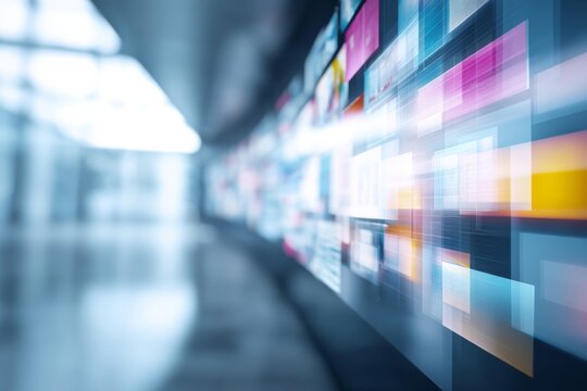 Modern wall display of screens showing data streams in abstract form suggesting information technology and dynamic data management