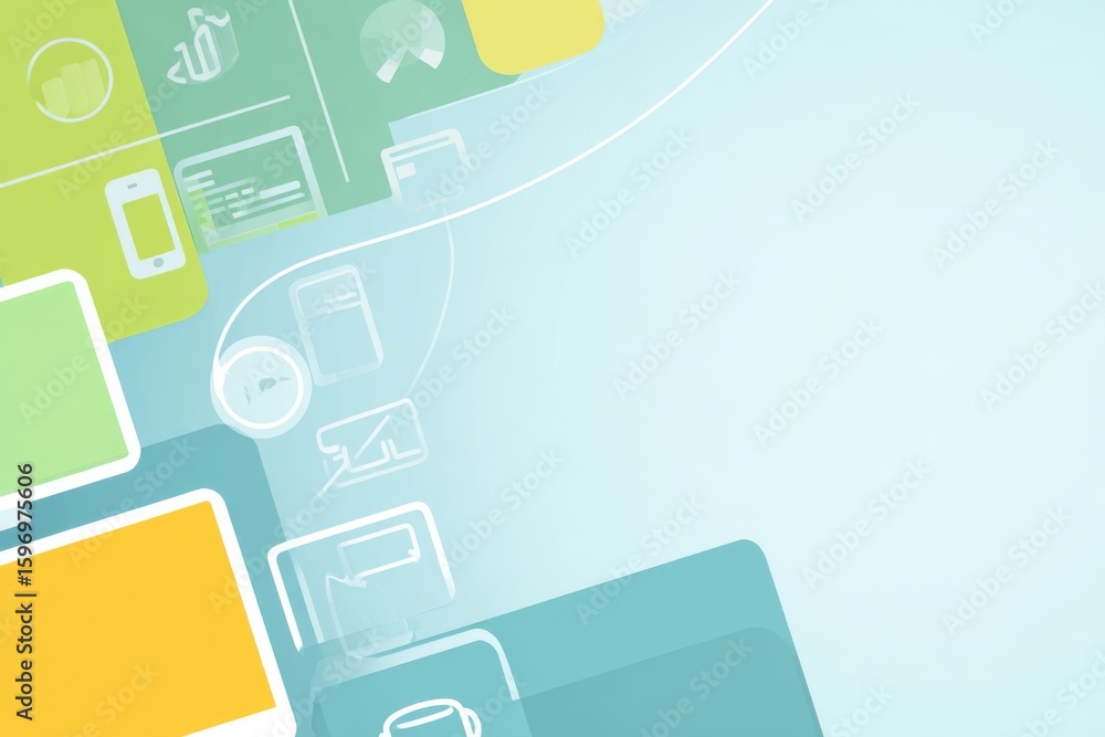Poster abstract digital connectivity backdrop with icons and pastel geometric shapes in green yellow and bl