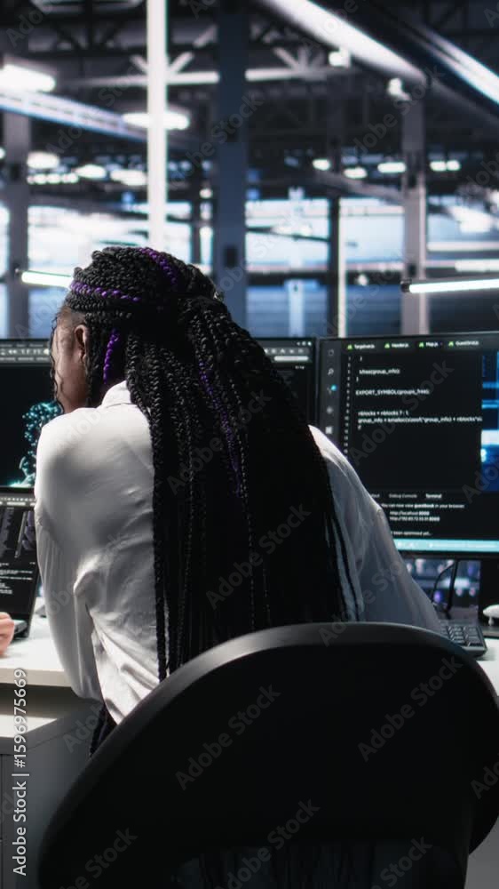 Poster vertical video teamworking data center technicians using machine learning algorithms to analyze larg