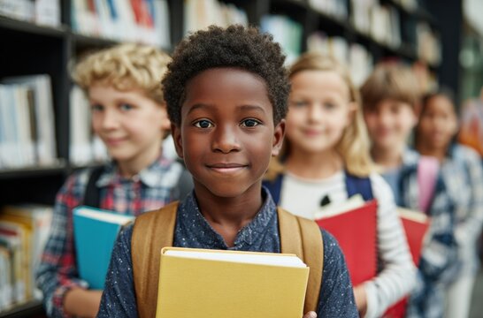 Title: Diverse group of elementary school children with books standing in library