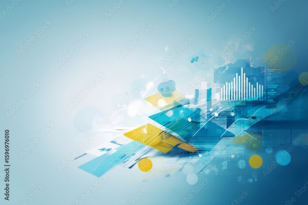 Poster abstract financial data visualization with geometric shapes charts and a cool color palette conveyin