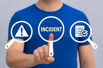 Business person using virtual touch screen presses the text: INCIDENT. Incident Management and Report Business Concept. Incident Response Plan.