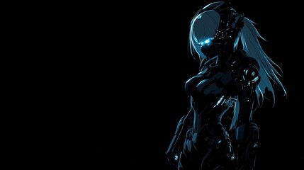 Dark, futuristic anime girl in glowing blue armor.