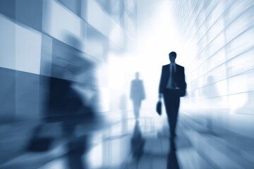 Business professionals their silhouettes suggesting movement and purpose navigating a modern architectural space with a sense of dynamism and ambition