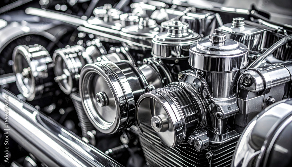 Poster chrome engine: a meticulously detailed, close-up shot of a gleaming chrome engine, revealing intrica