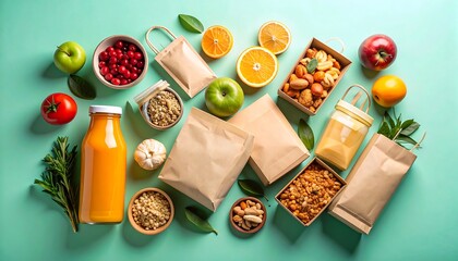 Organic food composition on mint green background with fruits nuts and packaging
