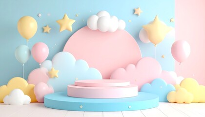Pastel 3 D render of a multi-level podium with balloons stars and cloud shapes in baby blue pink and yellow