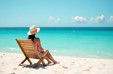 Young woman in sunhat relaxing on lounge chair by the sea