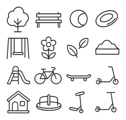 Park activity icon collection: simple linear icons for tree, bench, ball, slide, bicycle, vector icons