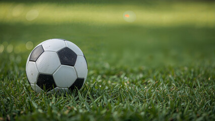 Fototapeta premium Classic black and white soccer ball on grass