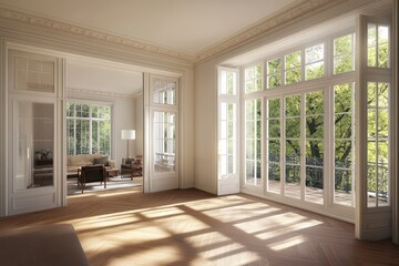 Sunny interior of a spacious room with large windows.